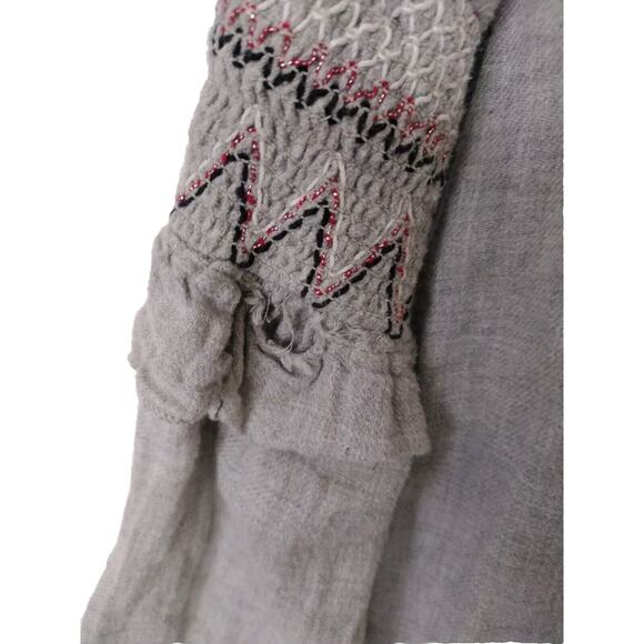 Zara Basic Gray  Taupe Embroidered Smocked Boho Blouse Bell Sleeve Style Sz Sm - Picture 7 of 10